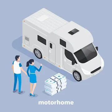 Isometric vector image on a gray background, white motorhome and people Ilustración de archivo