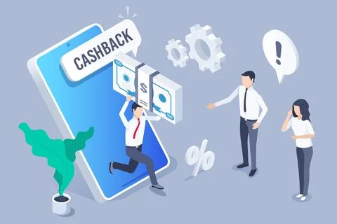 Isometric vector image on a gray background, cashback for a buyer, a man with Stock Illustration