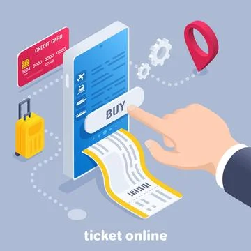 Isometric vector image on a gray background, a man hand ordered tickets via t Stock Illustration