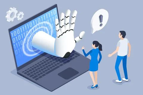 Isometric vector image on a gray background, a black laptop and a robot arm f Stock-Illustration