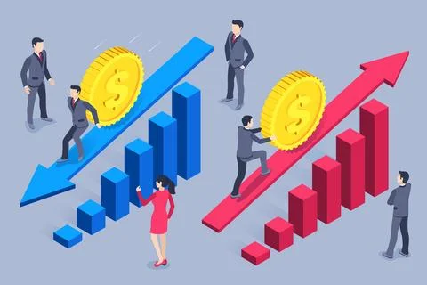 Isometric vector image on a gray background, up and down arrows under charts, Stock Illustration