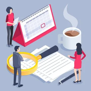 Isometric vector image on a gray background, Business people near a calendar  Stock Illustration