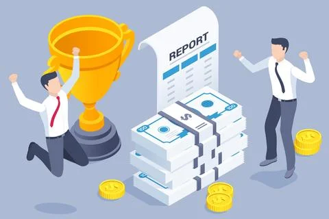 Isometric vector image on a gray background,rejoicing people and cup next to  Stock Illustration