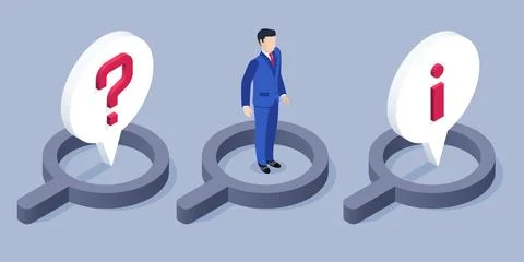 Isometric vector image on a grey background, business man and magnifying glas Stock Illustration
