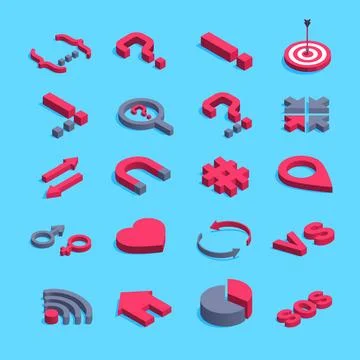 Isometric vector image of icons on a blue background, business set in red Stock Illustration