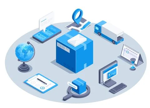 Isometric vector image isolated on white background, blue color icons set on  Stock Illustration