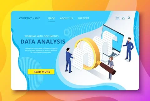 Isometric vector image of a landing page, people in business suits study do.. Stock Illustration