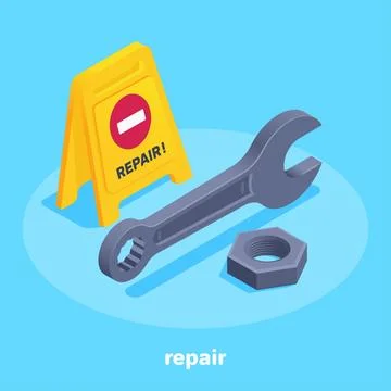 Isometric vector image on light blue background, yellow floor plate and wrenc Stockillustratie