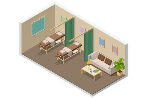 Isometric vector image of a massage salon interior with two massage tables Stock Illustration