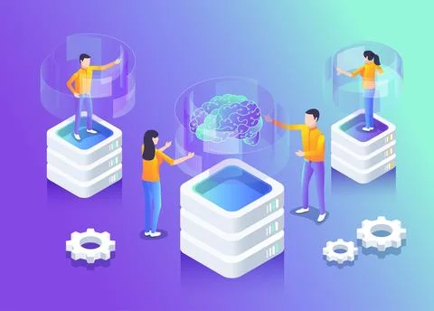 Isometric vector image on the neon background, innovative AI communication te 스톡 일러스트