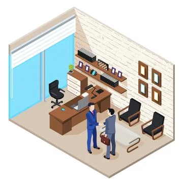 Isometric vector image of office, people in business suits shaking hands, o.. Illustrazione stock