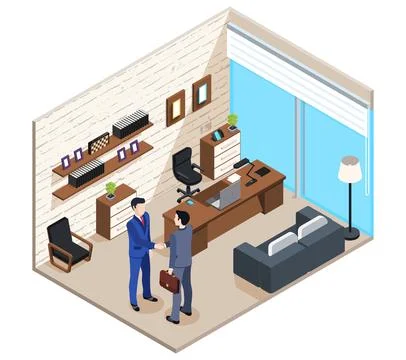 Isometric vector image of office, people in business suits shaking hands, o.. Illustrazione stock
