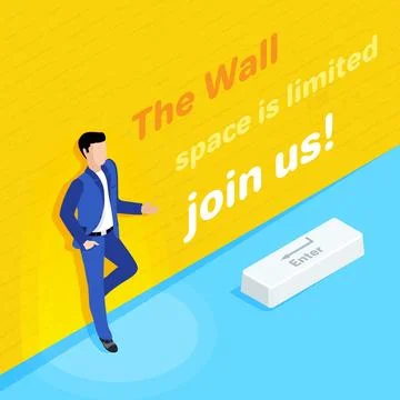 Isometric vector image on a red background, a man in a business suit stands.. Stock Illustration