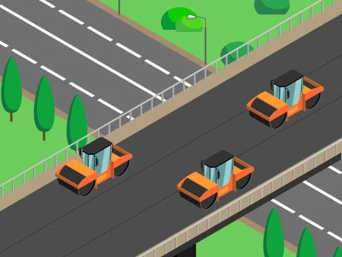 Isometric vector image of road repair, asphalt laying; road rollers are rolli Stock Illustration