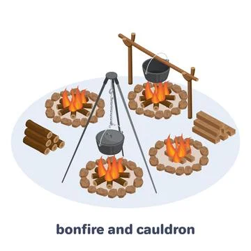 Isometric vector image on white background, bonfire with pot on racks, fire.. Stock Illustration