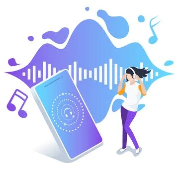 Isometric vector image on a white background, a girl in headphones dancing ne Stock Illustration