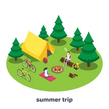 Isometric vector image on a white background, a man and a woman on a campsite Stock Illustration