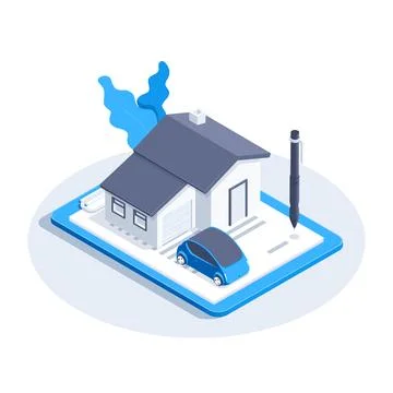 Isometric vector image on a white background, home and car icon on a tablet w Stock Illustration