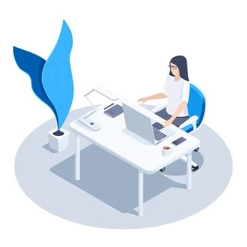 Isometric vector image on a white background, a woman with glasses sitting at Stockillustratie