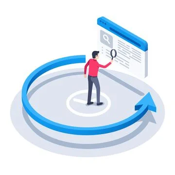 Isometric vector image on a white background, a man with a magnifying glass l Illustrazione stock