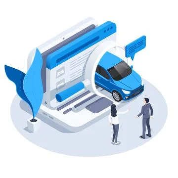 Isometric vector image on a white background, a laptop icon and a car driving Stock Illustration