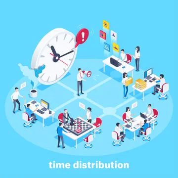 Isometric vector image on a white background, watches and people working in t Stock Illustration