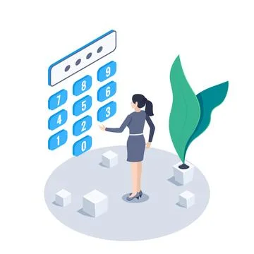 Isometric vector image on a white background, a woman enters a pin code on th Stock Illustration