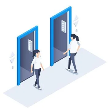 Isometric vector image on a white background, a woman enters the elevator and イラスト素材