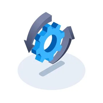 Isometric vector image on a white background, gear icon with arrows around it 库存插图