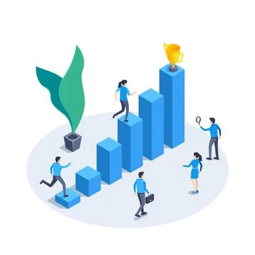 Isometric vector image on white background, man and woman running on the char Stock Illustration
