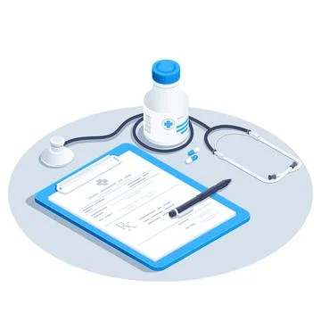 Isometric vector image on white background, stethoscope and pill jar, doctor' Stock Illustration