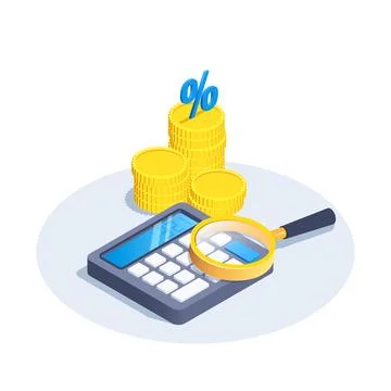 Isometric vector image on white background, stack of gold coins and calculato Ilustração Stock