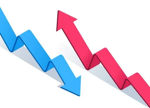 Isometric vector image on a white background, stepped arrows of blue and red  Ilustración de archivo