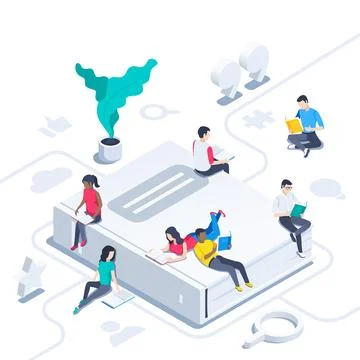 Isometric vector image on a white background, people read books sitting on a  Stock Illustration
