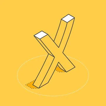 Isometric vector image on a yellow background, cross icon, letter X mark Stock Illustration