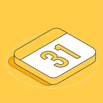 Isometric vector image on a yellow background, calendar icon with number 31,  Stock Illustration