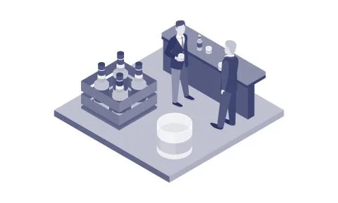 Isometric vector interior of bar. Two businessmen standing near bar counter and Stock Illustration