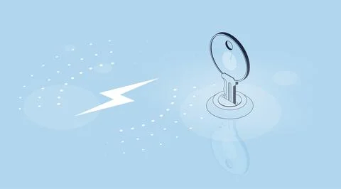 Isometric vector key fingerprint with reflection and lightning thunder symbol Illustrazione stock