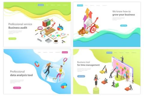 Isometric vector landing page for audit, data analysis, time management. Stock Illustration