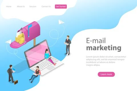Isometric vector landing page template for e-mail marketing, product promoting. Stock Illustration