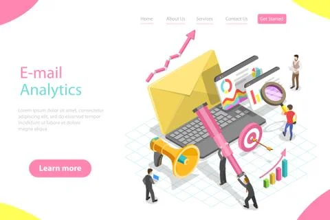 Isometric vector landing page template of email analytics, digital marketing. 스톡 일러스트