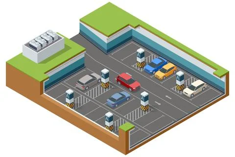 Isometric vector layout of an underground parking facility with multiple cars Illustrazione stock