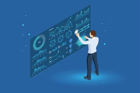 Isometric vector of a man interacting with futuristic digital dashboards. The Stock Illustration