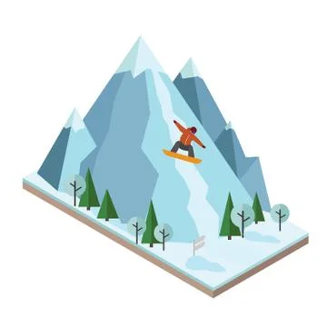 Isometric vector man pulls off the mountain. Snowboarding, winter sport. Olimpic Stock Illustration