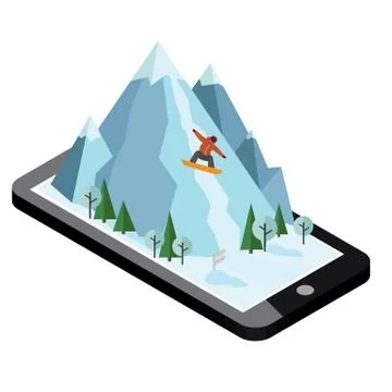 Isometric vector man pulls off the mountain. Mobile navigation. Videos and Stock Illustration