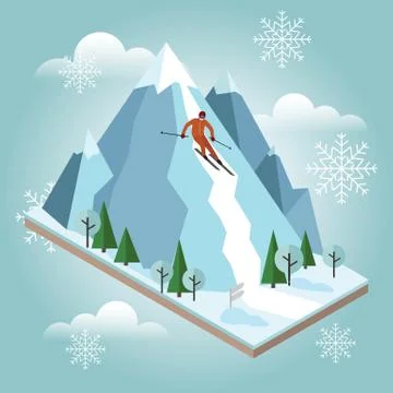 Isometric vector man pulls off the mountain. Alpine skiing, winter sport Stock Illustration
