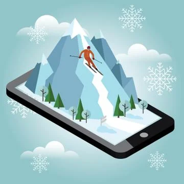 Isometric vector man pulls off the mountain. Alpine skiing, winter sport. Mobile Stock Illustration