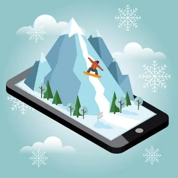 Isometric vector man pulls off the mountain. Mobile navigation. Videos and Stock Illustration