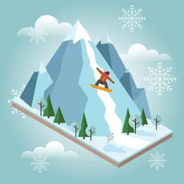 Isometric vector man pulls off the mountain. Snowboarding, winter sport. Olimpic Stock Illustration