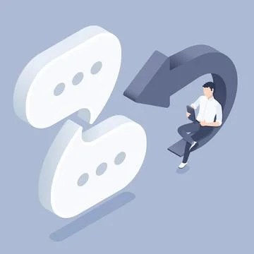 Isometric vector man with smartphone on arrow near text bubbles on gray backg Stock Illustration